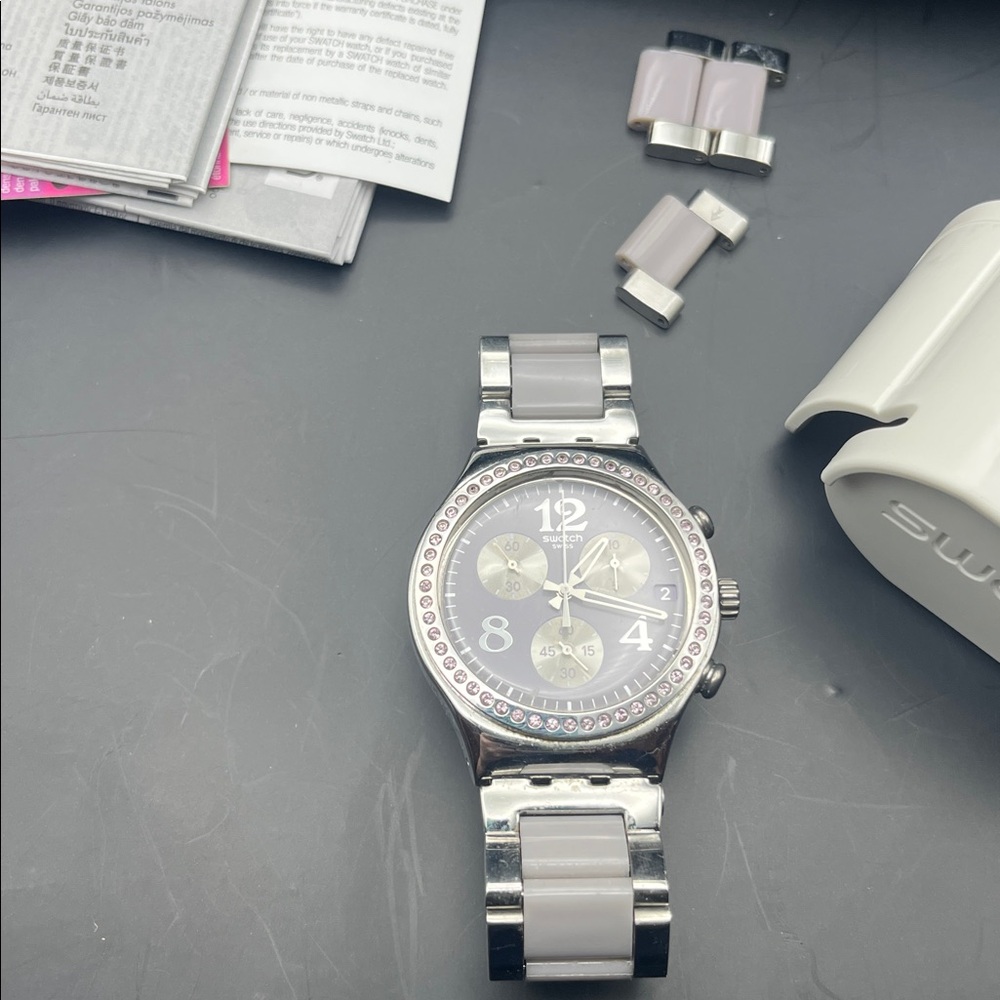 SWATCH irony chrono-  YCS562G  secret Thought BEIGE-MAUVE w/ links papers